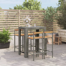 Garden Bar Set Outdoor Grey PE Rattan 40x44x100cm High Stools Acacia Wood Seats
