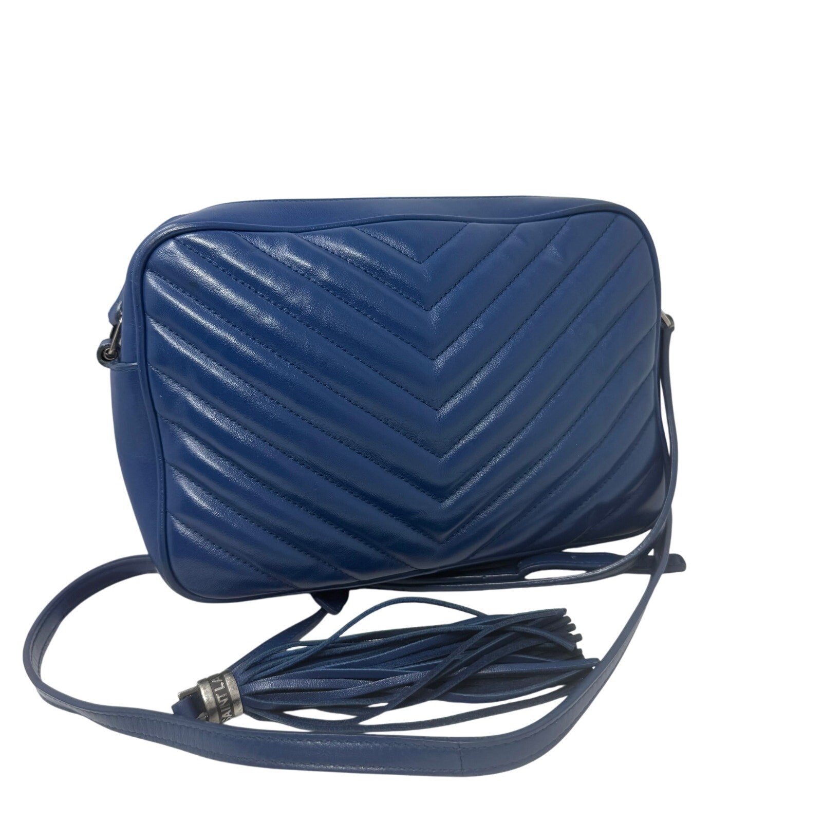 Borsa fotocamera Saint Laurent YSL Lou blu cobalto pelle trapuntata ferramenta argento