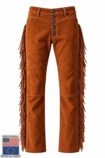 Men's Handcrafted Western Style Cowhide Leather Fringe Pants with Button Fly