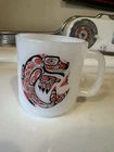 Vintage  ALASKA NATIVE WHALE ART Milk Glass Coffee Mug Cup Mid Century