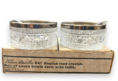 Vintage William Adams Pair of 2 24% Leaded Crystal Sauce Bowls and Ladles IOB