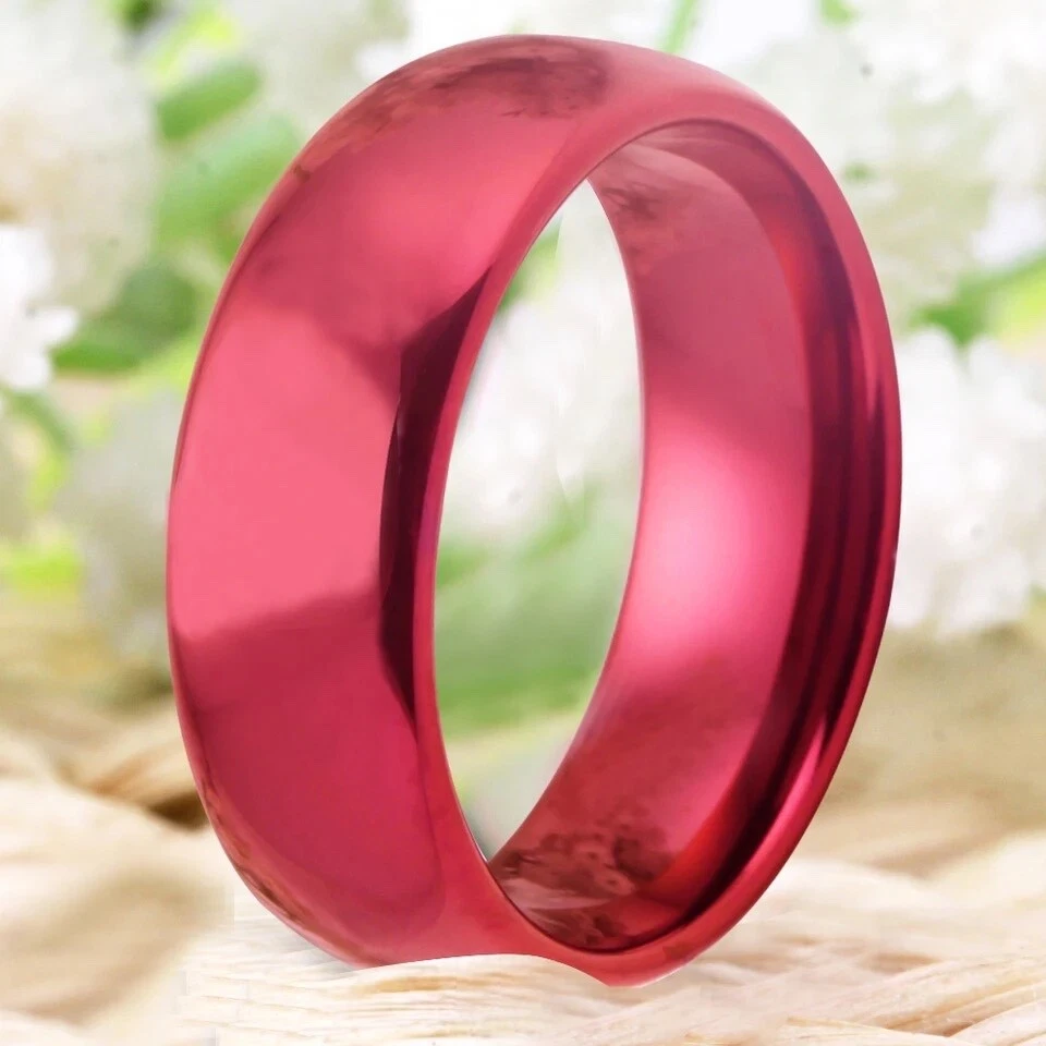 8mm Red Dome Tungsten Carbide Wedding Band Ring Red Polished Comfort Fit - Image 4 of 4