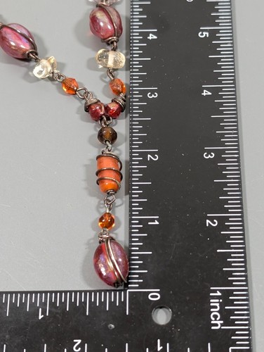 Red Amber Color Glass Wire Wrap Bead Y-Drop Statement Necklace Boho Artisanal - Picture 11 of 11