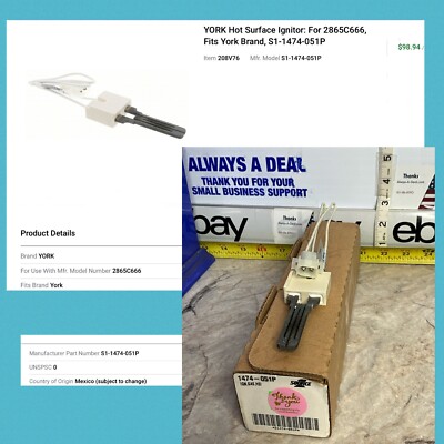 Furnace Ignitor GAS Fits York Coleman 1474051P 1474-051P S1-1474