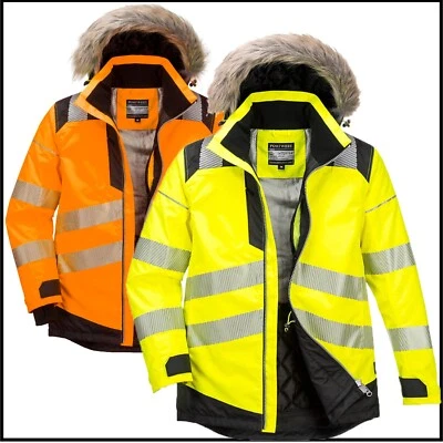Premium PW3 Hi-Vis Winter Jacket - Fur Hood Thermal Insulated Hi Viz Parka Coat