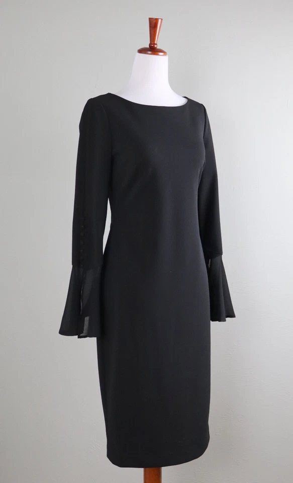 Vestido CALVIN KLEIN $109 Negro Sólido Crepé Elastizado Botón Manga Campana Talla 4 Foto 2 de 4
