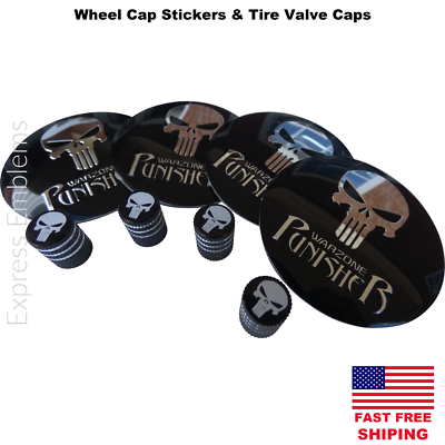 Punisher Warzone Wheel Cap Stickers & Valve Caps - 8-Pc Matte Black Set