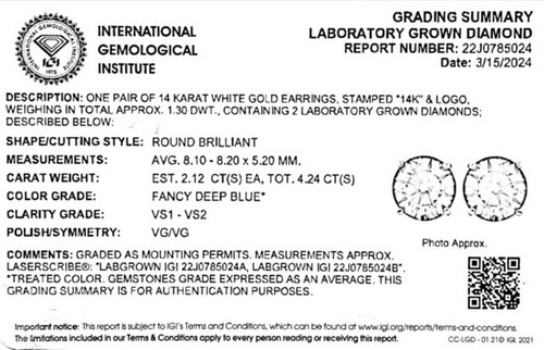 Lab Created Blue Diamond Round Stud Earring 14kt white gold 4.24ct IGI Certified - Picture 8 of 8