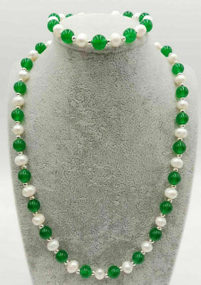 Elegant 18-Inch Natural Pearl & Green Jade Necklace And Earring Set – 7-8mm Cultured Pearl, 8mm Jade