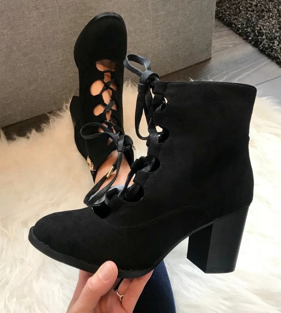 Black tie top ankle boots