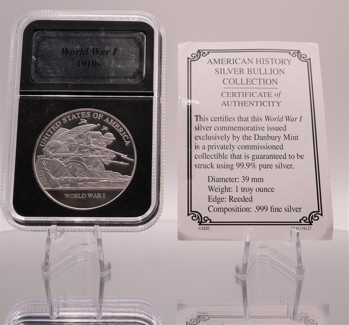 1910s US World War I Danbury Mint 1oz 999 FINE Silver art bar