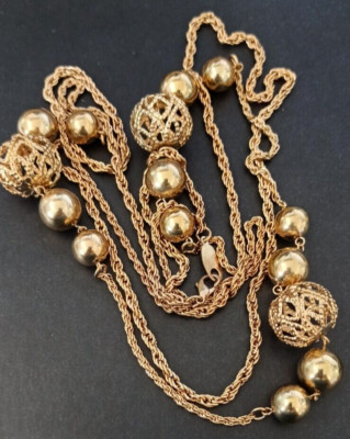 Vintage Lariat Chunky Necklace Puffy Beads Gold Tone Mesh Double Rope Chain 30''