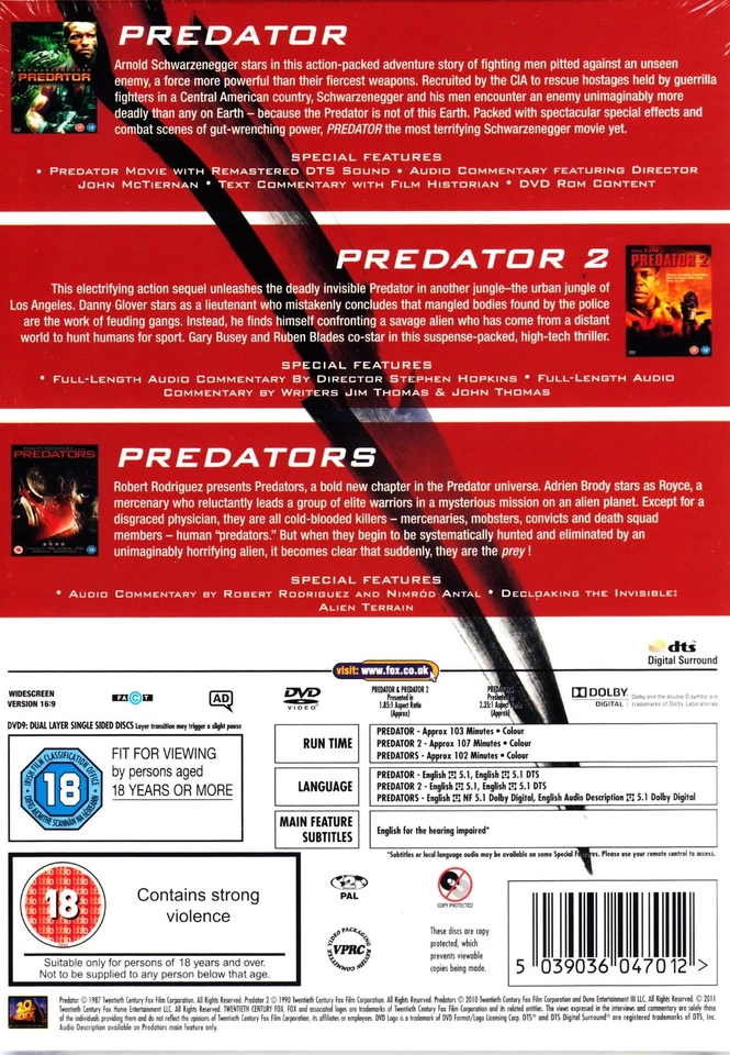 PREDATOR TRILOGY 1 2 3 BOXSET  3 DISC DVD ARNOLD SCHWARZENEGGER R2 - Image 2 of 2