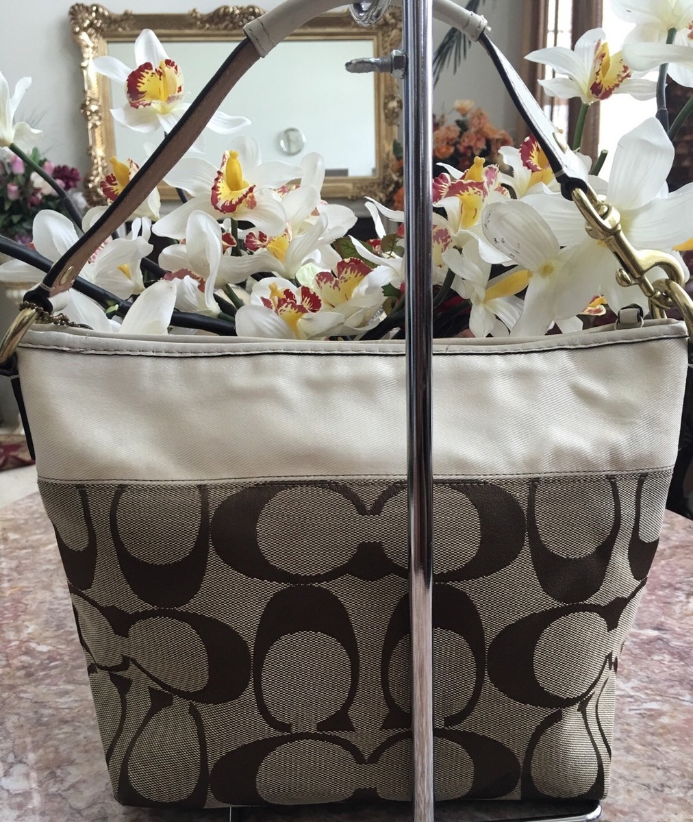 Coach Signature Khaki Cream Stripe Shoulder Handbag Purse 11957