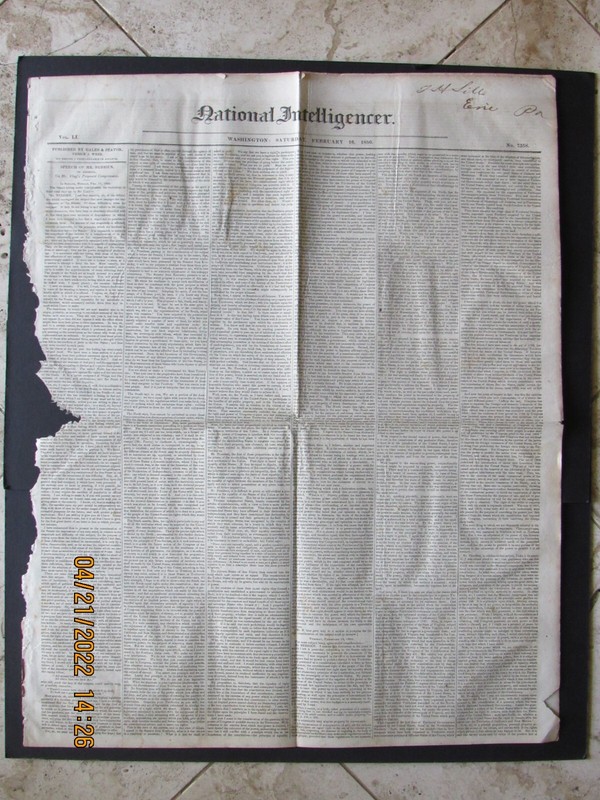 1850 The National Intelligencer DC Newspaper Good condition pre-Civil War RARE