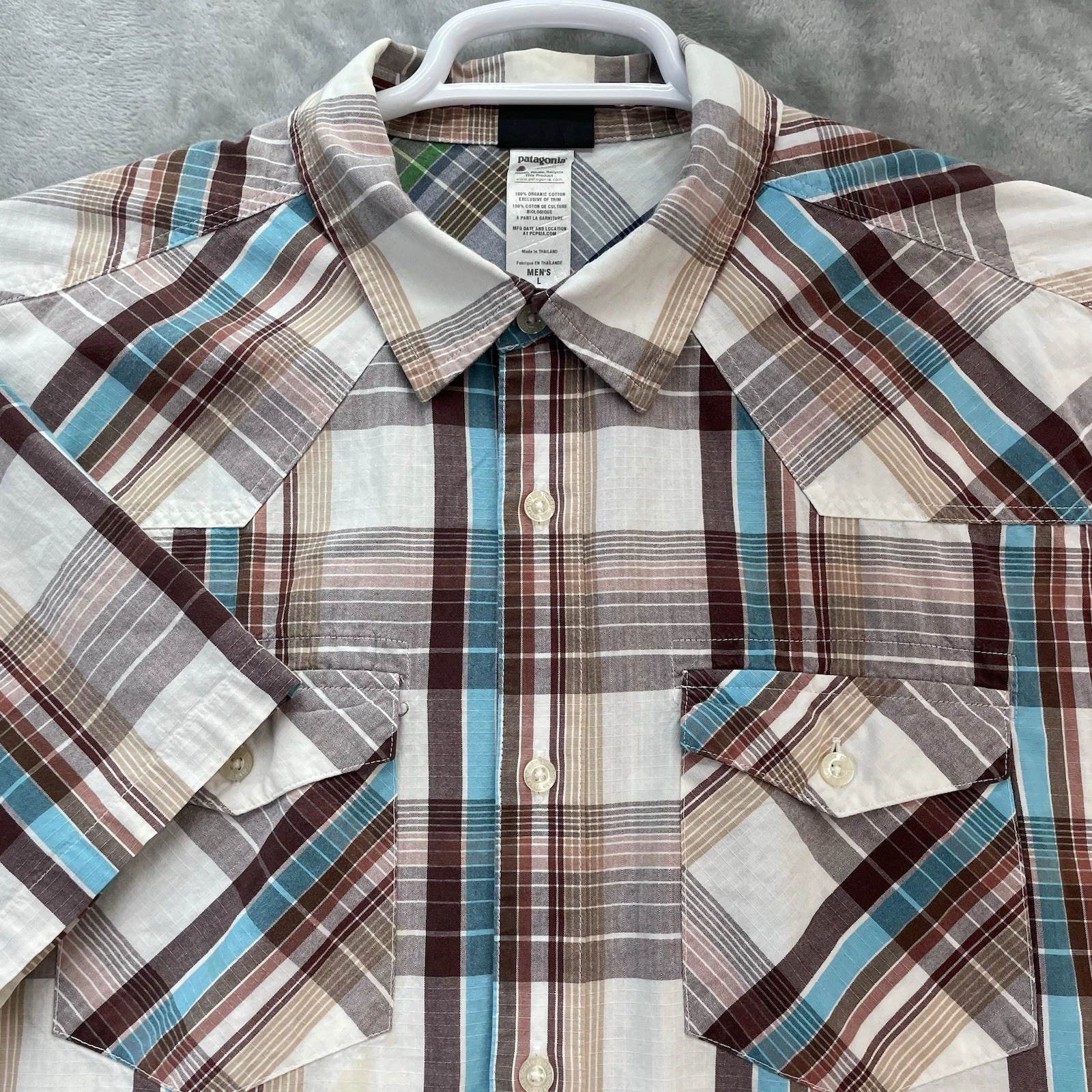 Patagonia shirt Men's size Large three trees embroidered plaid hike organic