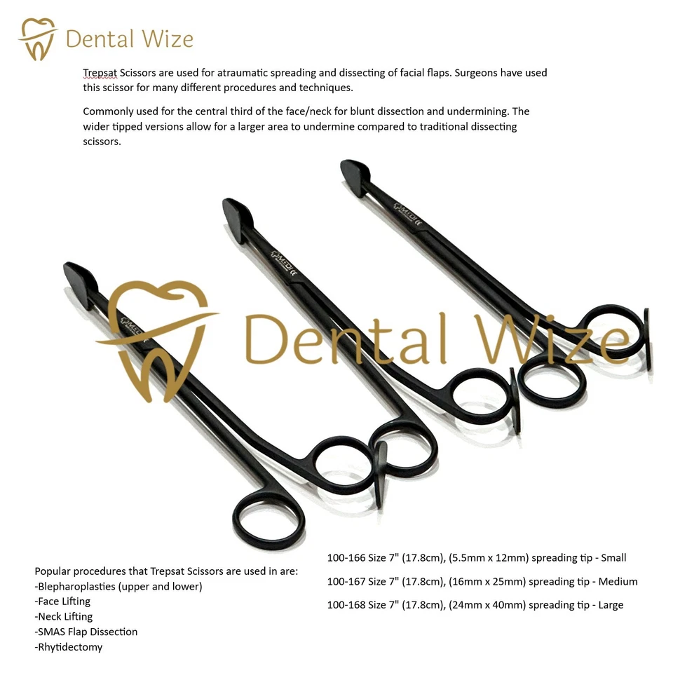 Trepsat Facial Flap Dissector Scissors Set 3pcs 10mm 15mm 20mm Black Surgical - Image 2 of 3