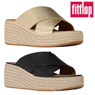 Damen FitFlop Leder Plateau Espadrille offene Zehenpartie Sommer Keilabsatz Pantoletten Sandalen