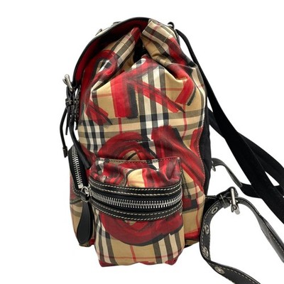 BURBERRY Graffiti Check Backpack Nylon Canvas Leather color beige