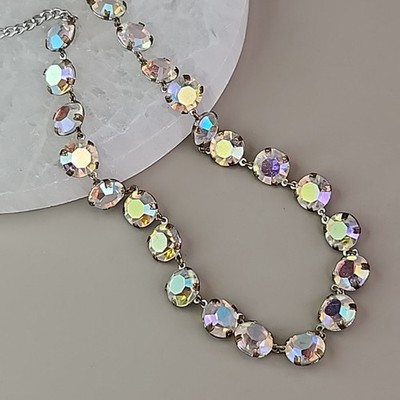 Vintage Open Bezel Necklace Aurora Borealis Round Linked Beads 17''