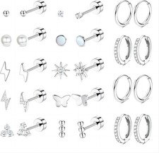 14 Pairs Surgical Steel Earrings Zirconia Hoop Flat Back Small Stud Ear Piercing