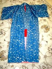 Vintage Navy Blue STYLIZED BUTTERFLIES Silk Hand Sewn JAPANESE KIMONO