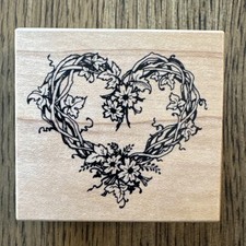Vintage Heart Flower Wreath Wood Mounted Rubber Stamp Valentines Day 1991 PSX