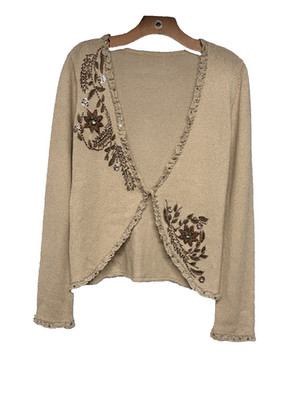 Crop 1 Button Embroidered Cardigan Shawl Shrug Ruffle Long Sleeves Women's S/M