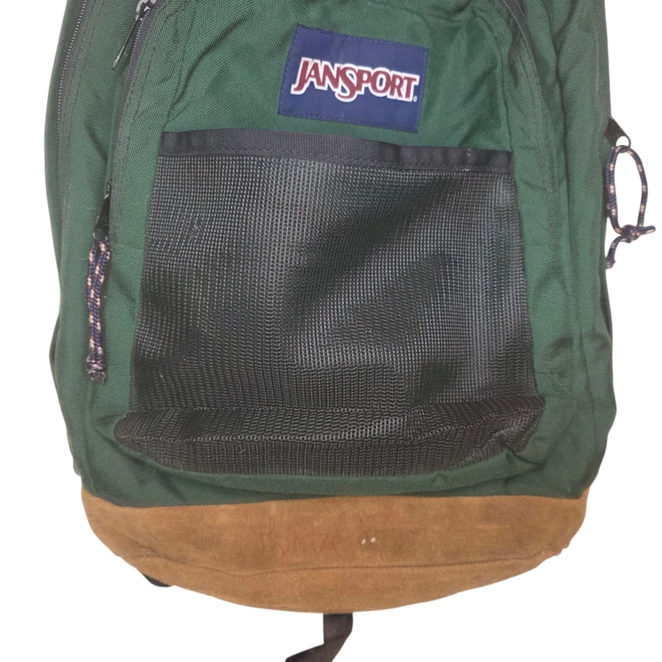 复古 90 年代 Jansport 男女通用绿色背包麂皮绒棕色皮革底部包 — 第 4/4 张图片