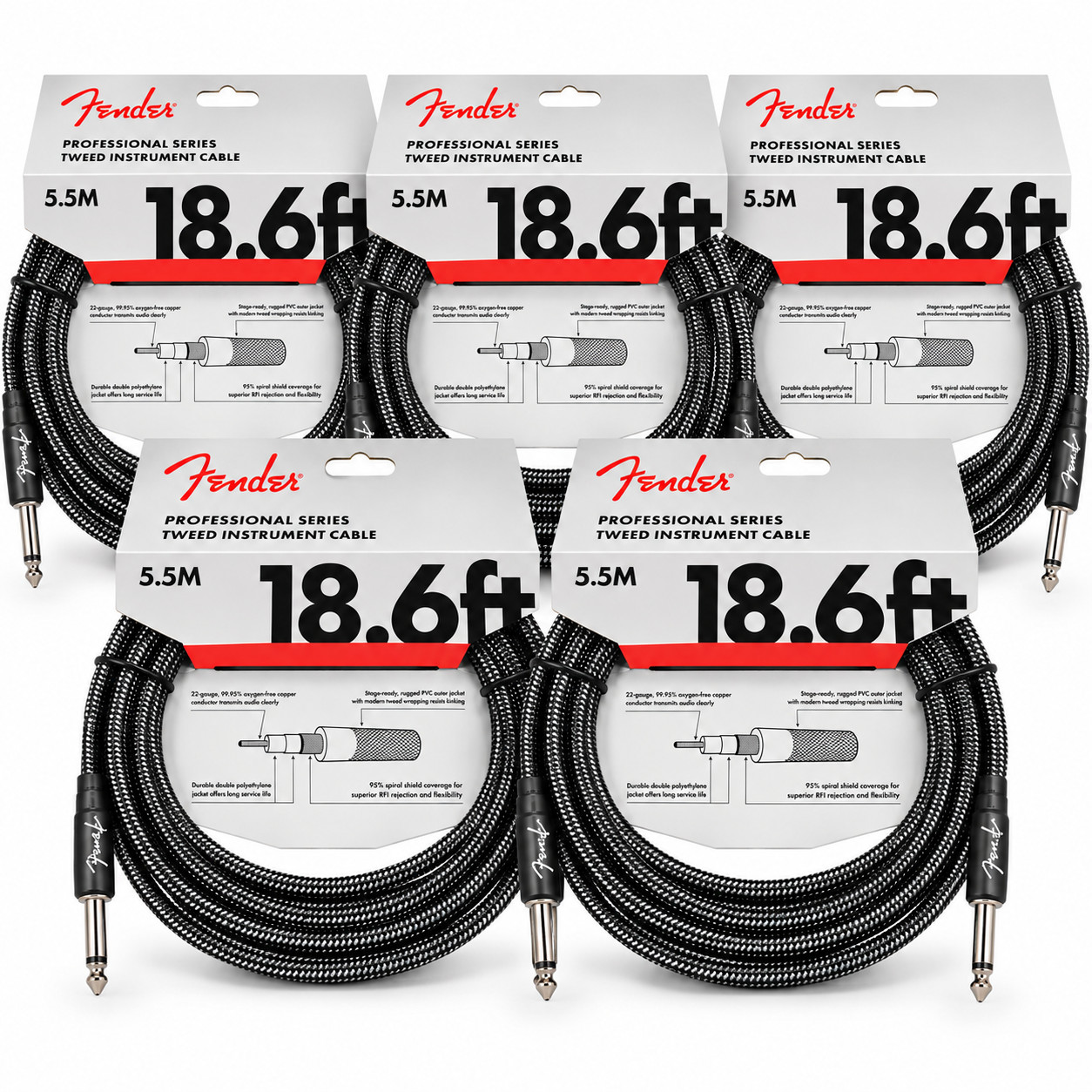 5-PACK Fender Deluxe 18.6FT Straight - Angle 20AWG Gray Tweed Instrument Cable