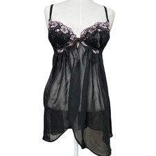 VTG Y2K Victorias Secret Black Pink Floral Embroidered Babydoll Slip 02' 34