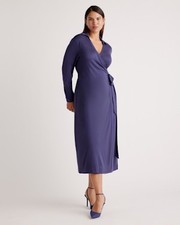 Quince Women 100% Silk Jersey Midi Wrap Dress Navy Basic Sleeved M