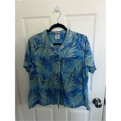 Columbia Blue and Green Tropical Leaf Camp Shirt