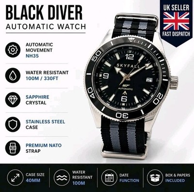 NH35 James Bond Automatic SKYFALL Black Divers  Watch Seiko TMI Japanese 100m WR