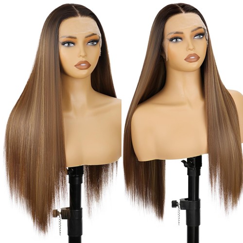 26inch 13X4X1 Highlight Blonde Lace Front Wigs Long Straight Brown Mixed Blon...