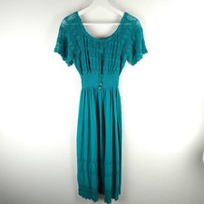 Vintage Mexican Crochet Dress Teal Hearts Boho Festival Size ~M/L