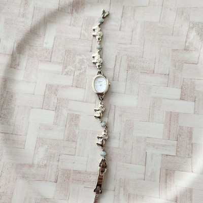 Lenox Vintage Sterling Silver Vermeil Elephant Trunk Up Jade Cabochon Watch 7.5 