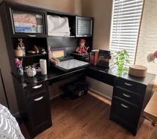 L Wood Desk With Bookshelves, Drawers and Cabinets, Assembled(Local Pickup)Black