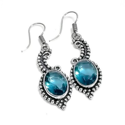London Blue Topaz Gemstone Handmade 925 Sterling Silver Jewelry Earring Size 2''
