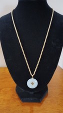 14K Gold Jade Doughnut Disk Pendant 10K Rope Necklace 福 Fu Symbol Good Fortune