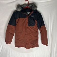 Columbia Brown Hooded Parka Jacket Faux Fur Trim Zip Button Winter Kids Medium