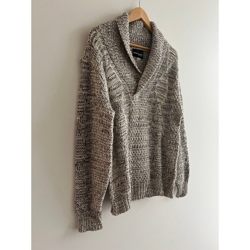 Vintage 80s Wool Blend Shawl Collar Sweater Marled Black White Knit Large - 第 2/7 張圖片
