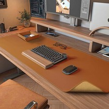 Dual-Sided Leather Desk Mat Brown 40"x16" Cork Protector PU Leather Tray