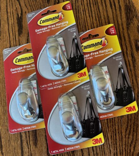 QTY 4 - 3M Command Decorative Hooks Medium Brushed Nickel + Refills FC12-BN