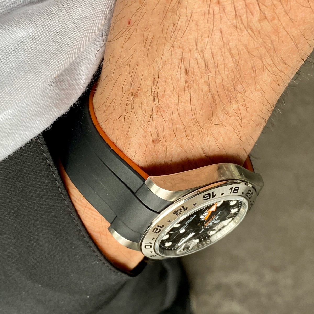 21mm BLACK/ORANGE Vulcanized Rubber Strap Fits 42mm Rolex Explorer