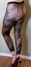 Lace Leggings Flower Pattern Footless Hosiery Regular Size Sheer Black