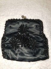 VINTAGE CAROUSEL BLACK SATIN BEADED CHANGE PURSE, EXCELLENT 