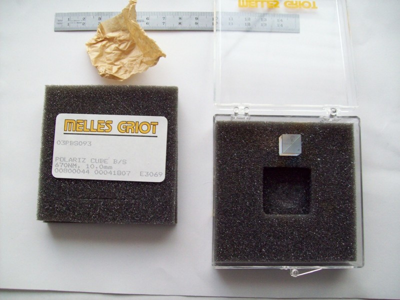 Polarizing beam splitter cube for red, 670 nm beam, 10 mm, new, Melles-Griot.