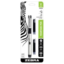 Zebra V-301 Stainless Steel Fountain Pen Med Nib 1/Pk Extra Refill Office School