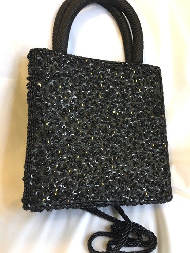 Vintage Negro Satinado Con cuentas Con Lentejuelas Noche Bolso Asas \u0026  Correa para el Hombro Usado En Excelente Condición | eBay